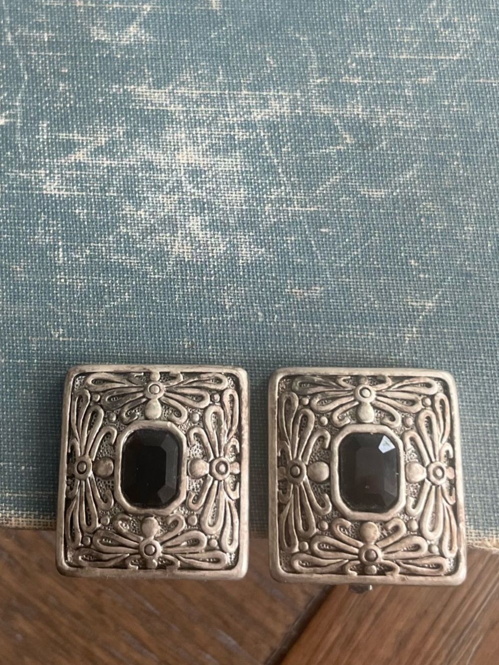 Vintage Filigree Square Earrings with Black Gem